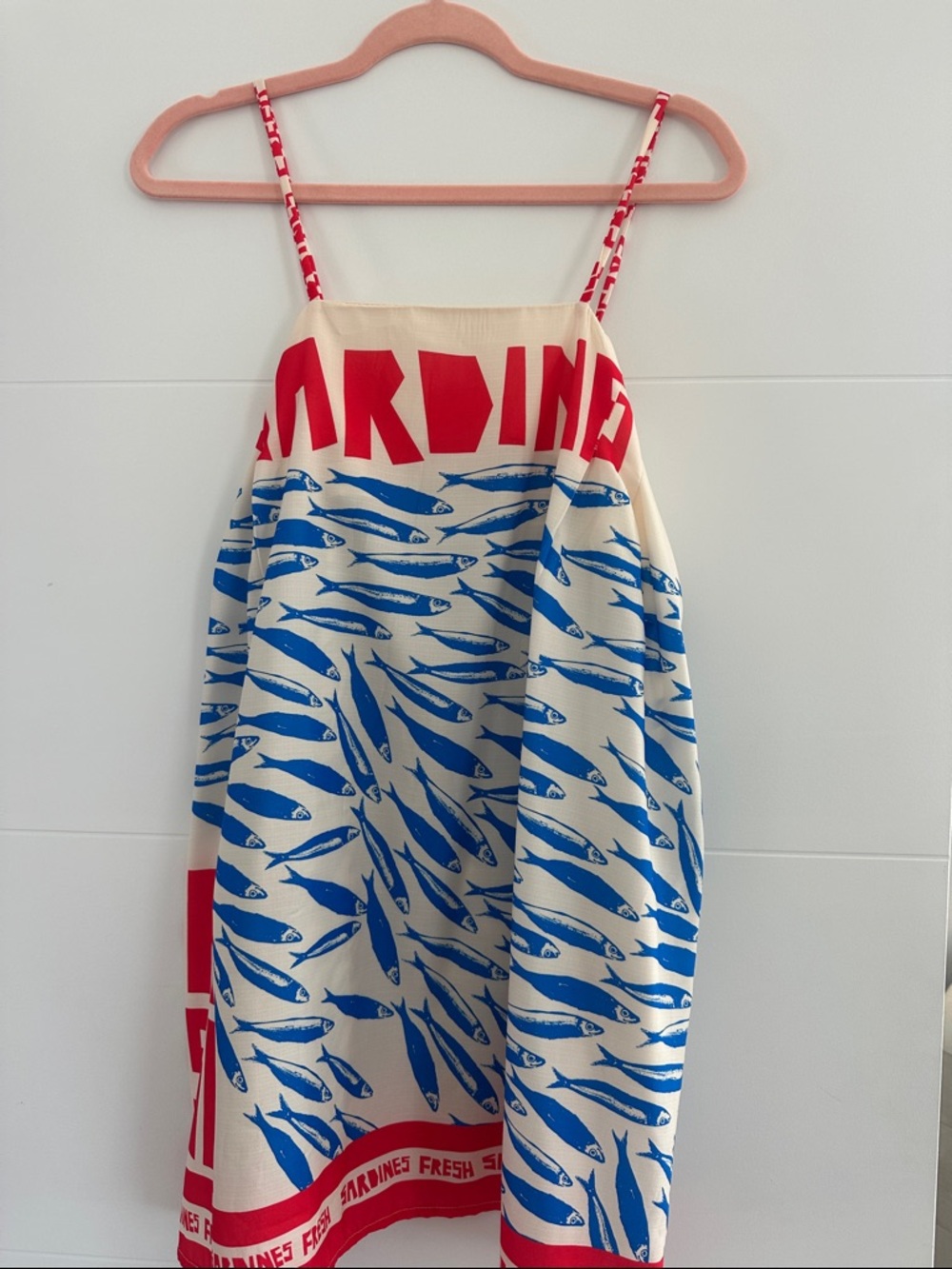 Dress with Blue Fish Print and Red Accents